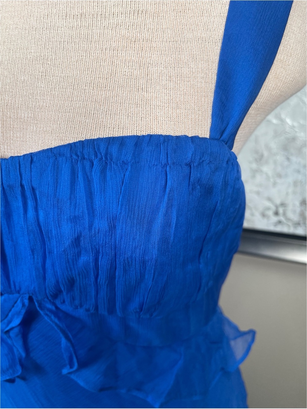 SALONI Chandra Ruffled Plisse Silk Georgette Tiered Blue Maxi Dress Size 8 - Picture 5 of 9